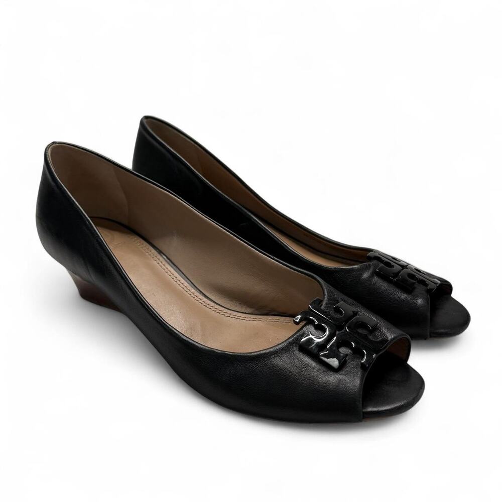 Tory Burch Peep Toe black leather wedges peep toe flats logo emblem’s size 9 1/2